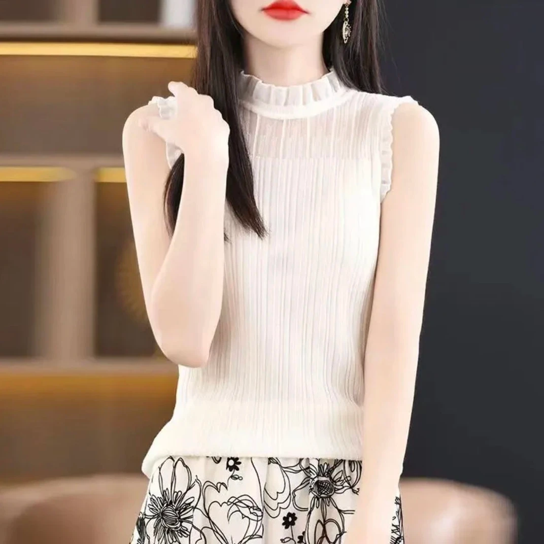 【高档轻奢】2025百搭时尚蕾丝领打底无袖设计针织女士洋气背心无袖