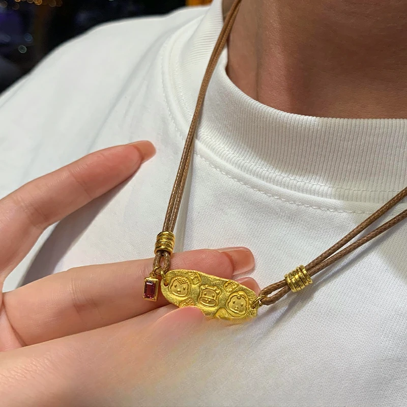 铜合金项链 黄金色项链新中式小众设计咖色编绳毛衣链送男友礼物