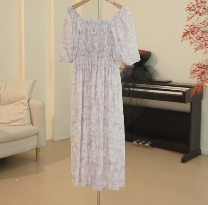 C174 ML系列扎染花卉印花系带装饰方领连衣裙