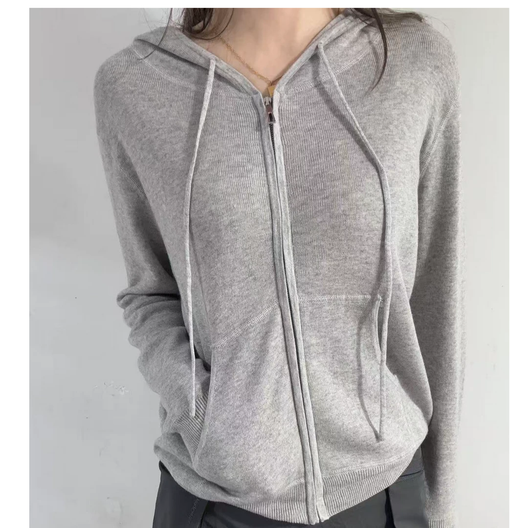 日本撤柜时尚套装轻职风抽绳薄款纯色针织衫女款2025连帽针织衫女