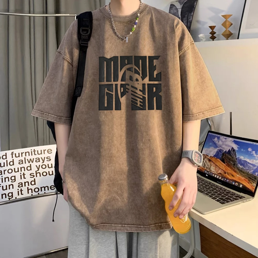 青少年美式国潮纯棉短袖男女同款潮牌高街宽松百搭印花圆领打底衫