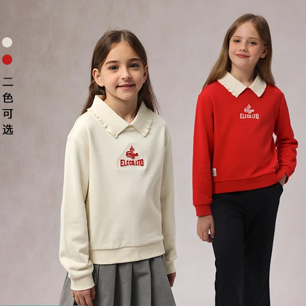 E·LAND KIDS衣恋童装女童卫衣25年季刺绣翻领上衣EKMAF1121B