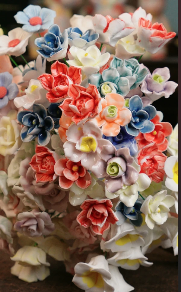 九寻景德镇手工手捏陶瓷手捧花（颜色随机三朵发货）