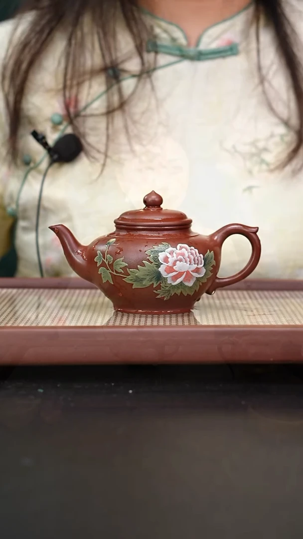 茶壶紫砂红皮龙笑樱泥绘