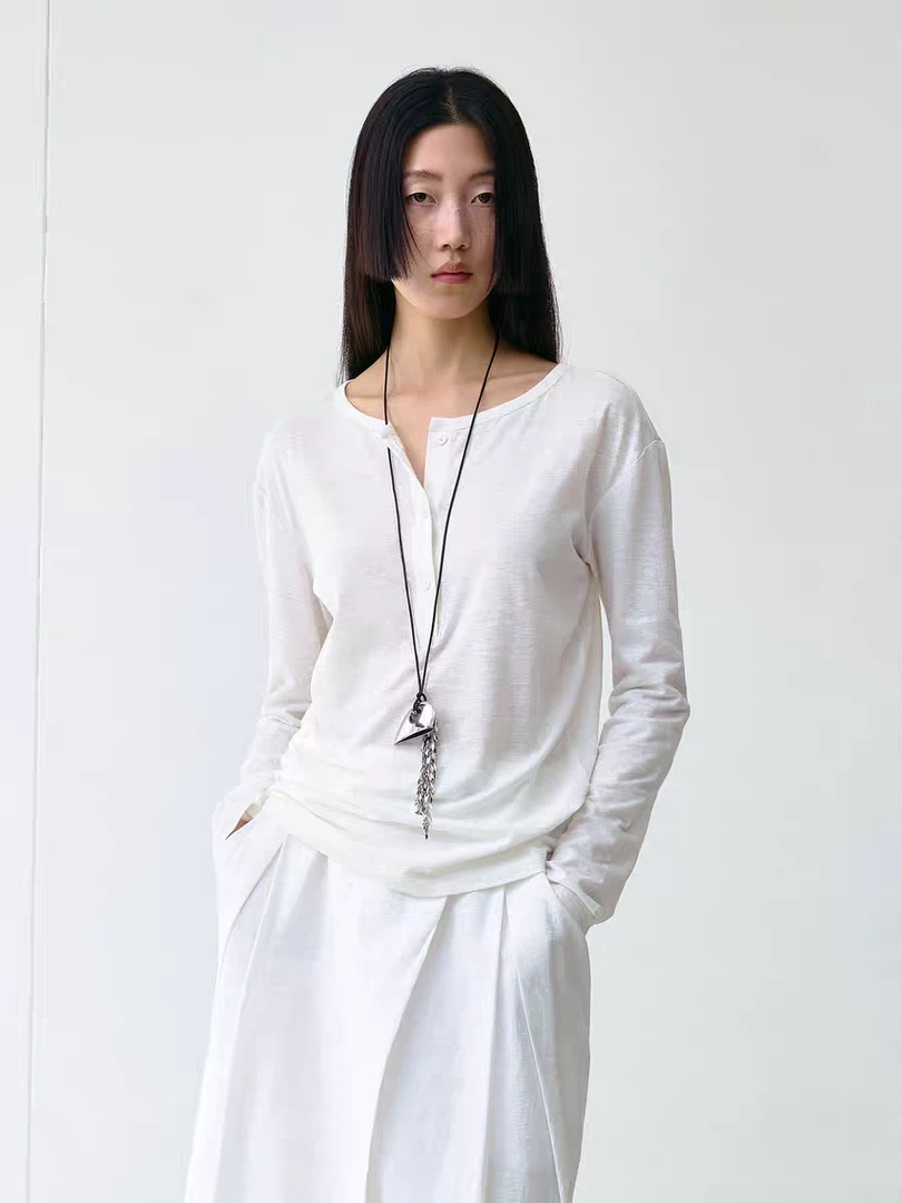 YOEYYOU简约合体长袖上衣2025春季新款亚麻薄款T恤半开打底皮肤衫