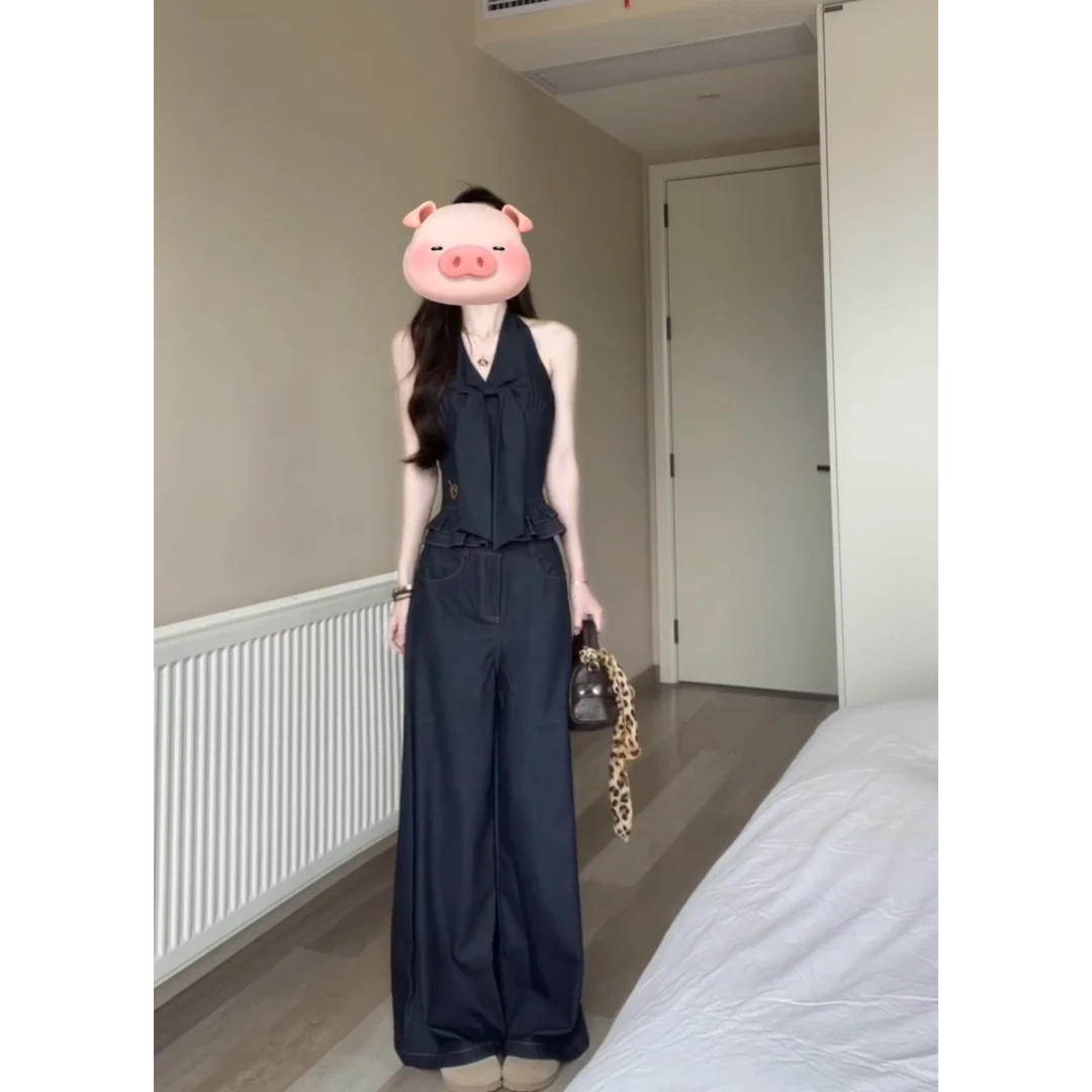 parkyeon高级感女神范时髦丹宁蓝挂脖吊带上衣配阔腿裤牛仔套装