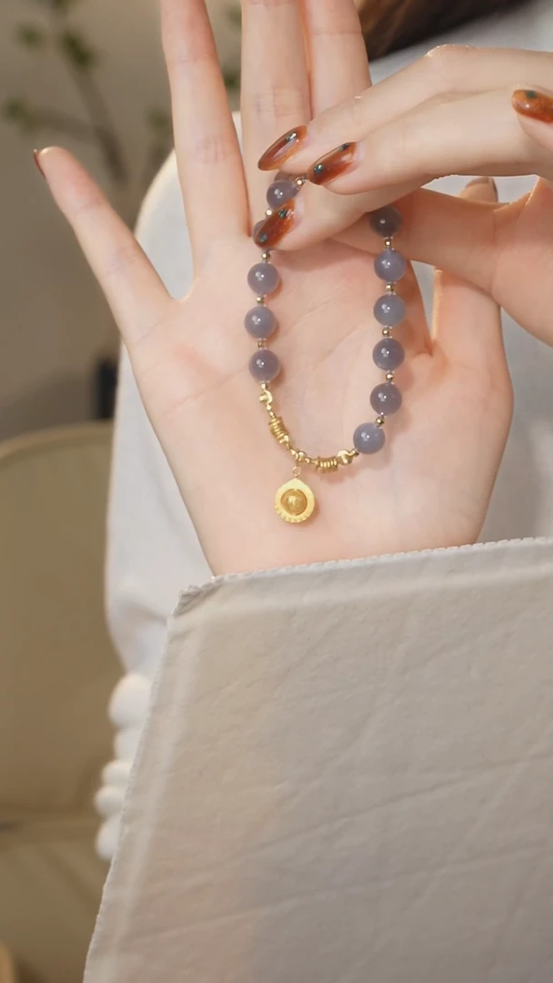 【闪购商品】和田玉手链18K金镶嵌8mm烟紫/18k/定做