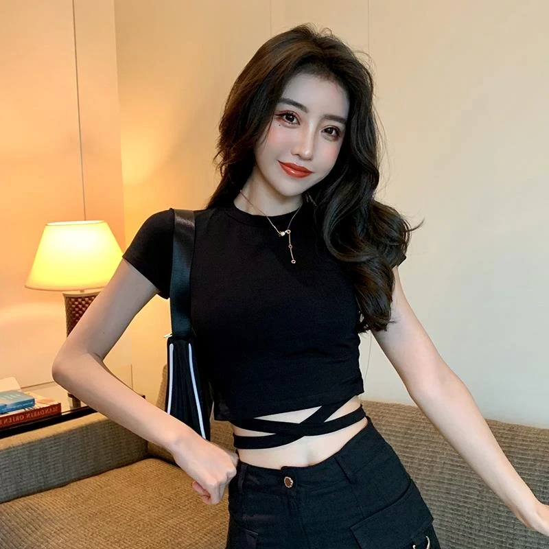 黑色短袖t恤女修身短款上衣夏短装泫雅绑带清冷系禅意衣服女