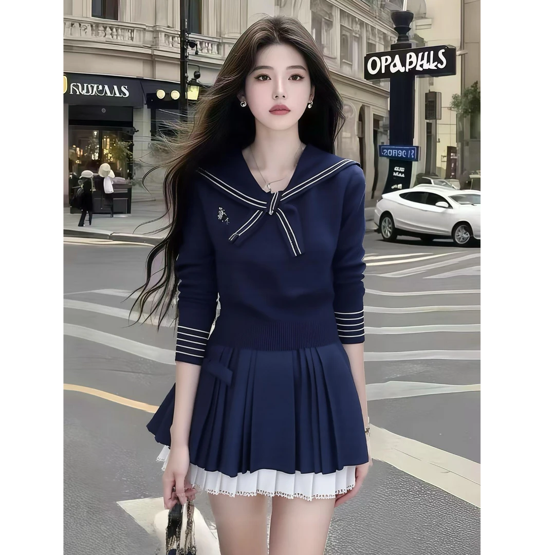 秋季新品学院风收腰女时尚显瘦套装V领A字短裙小众设计感两件套