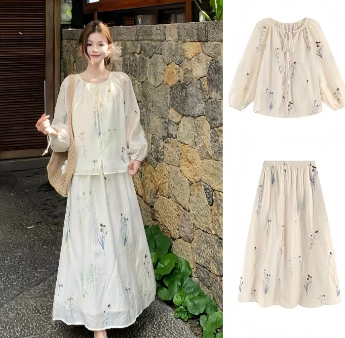 4103【金拐子专属】CHALAN姹蓝 新中式国风上衣松紧腰半身裙两件套