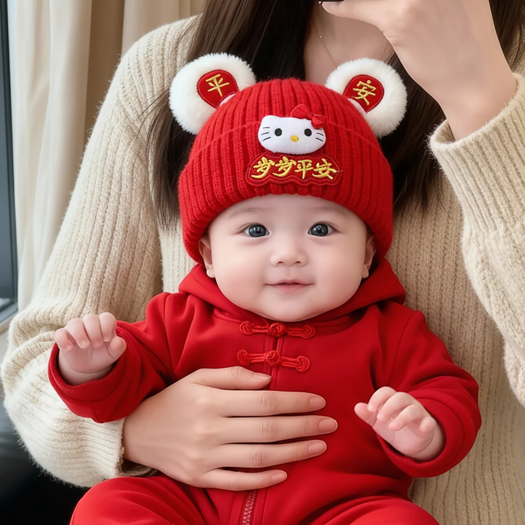 宝宝红色喜庆帽子秋冬季保暖加厚针织毛线帽男童女婴儿新年套头帽