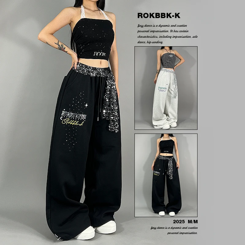 ROKBBK-K布韩街舞潮牌水钻字母hiphop小众设计感休闲裤女爵士舞