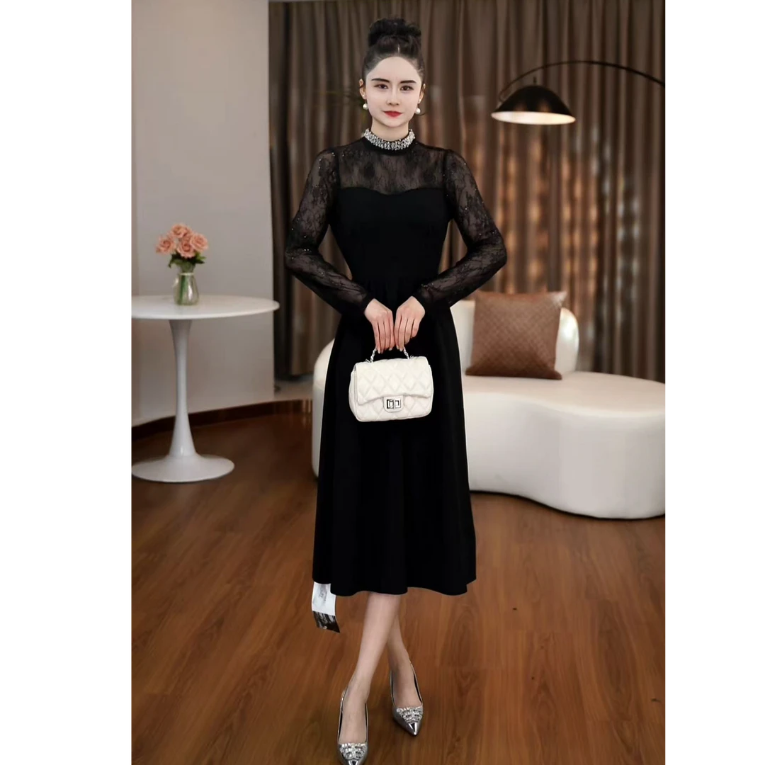 【然也专属】黑色晚礼服连衣裙女蕾丝拼接高级感收腰大摆裙QJ0035