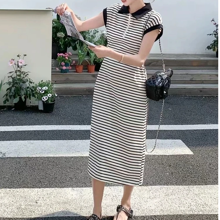 连衣裙显瘦长裙夏季中长款修身条纹裙子气质时尚休闲宽松