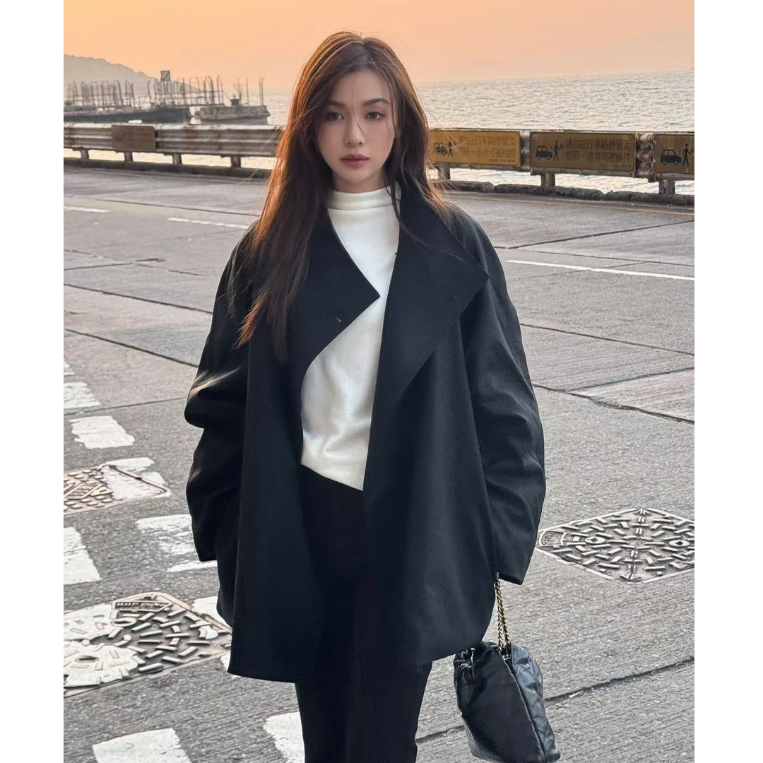 (田吉吉自留)设计感高级立领PU皮宽松加厚外套（配腰带）#W8EA9115