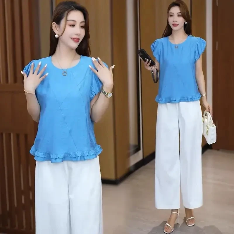 显瘦时尚套装女2025夏季新款宽松荷叶边圆领短袖上衣阔腿裤两件套
