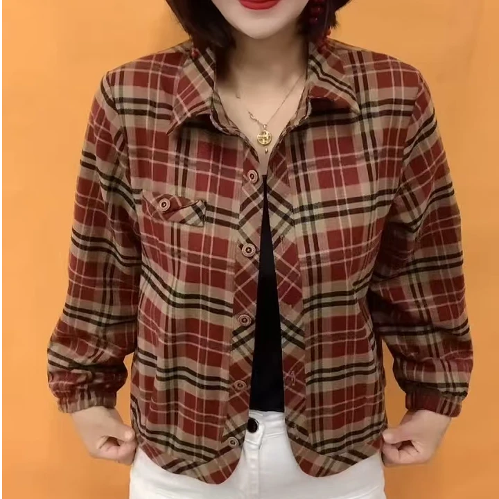 2025春秋新款韩版休闲长袖百搭衬衫女经典复古格子衬衣开衫外套