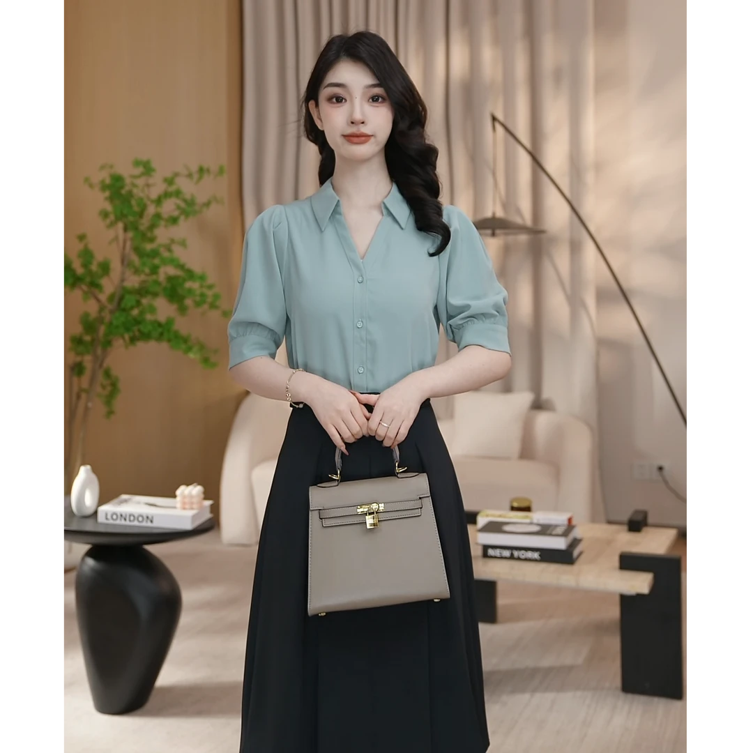 【曼贝】新款衬衫湖水绿气质轻奢时尚休闲百搭女士8392115【珮珮】