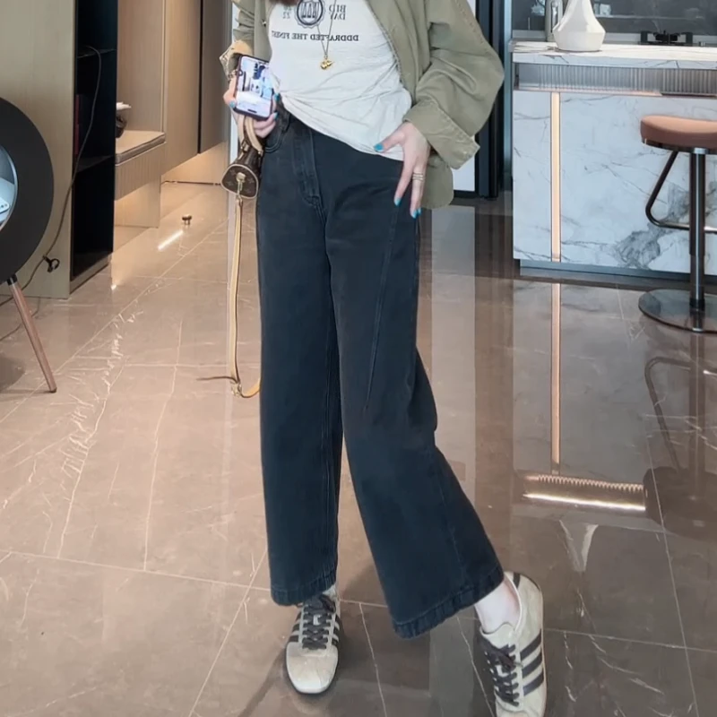 韩国风休闲直筒时尚百搭宽松复古阔腿设计师牛仔裤LK2501656