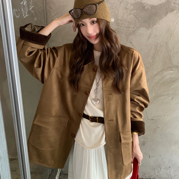 美拉德撞色麂皮绒外套女中长款2025秋季复古宽松设计咖色夹克上衣