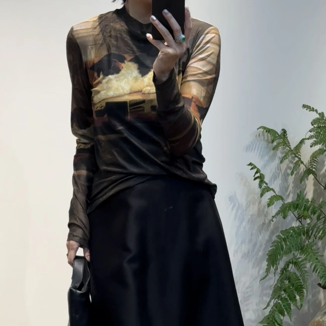 TANTAN 秋季时尚晕染小猫印花长袖网纱T恤打底衫2917