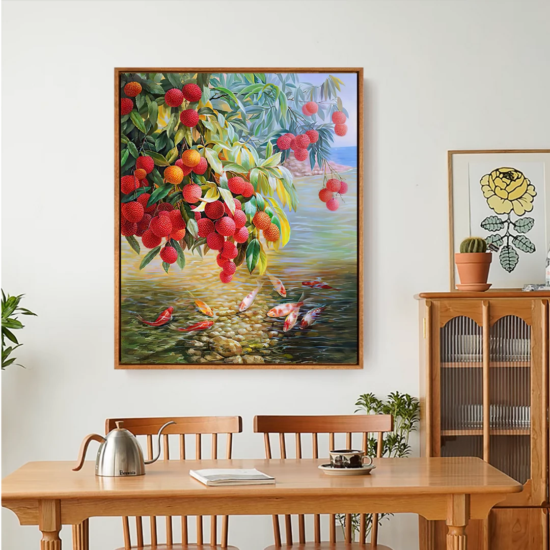九鱼图荔枝画客厅装饰画餐厅墙面壁画大气轻奢过道挂画美式玄关竖