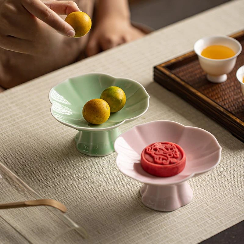 中式陶瓷高脚盘高颜值干果盘高足茶点盘精致点心摆盘新款糕点盘