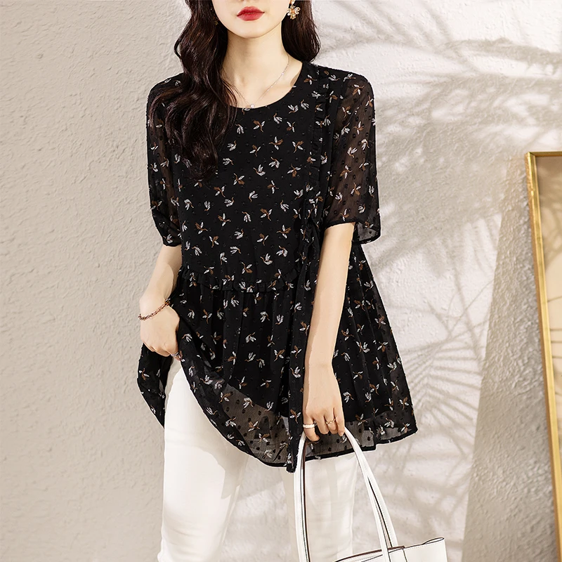 黑色双层碎花短袖T恤2025夏新款气质减龄洋气大码女装遮肚子百搭