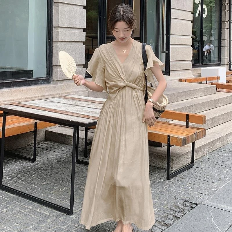 法式气质v领雪纺连衣裙女2025夏季新款韩版收腰显瘦温柔风长裙343