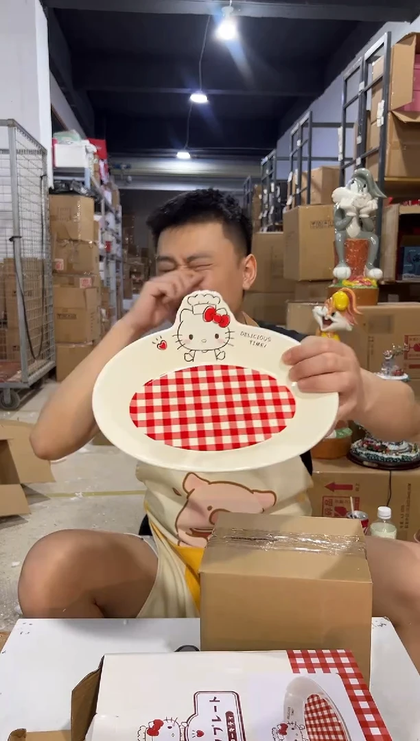 瓷片原盒kt猫红格子餐盘