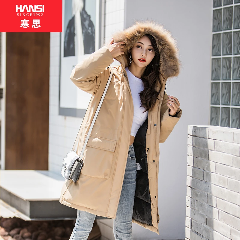 HANSI/寒思羽绒服 9152 200+高克重充绒宽松休闲大毛领连帽中长款