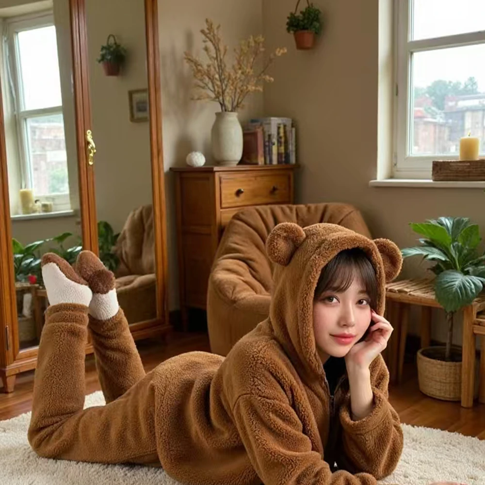 新款连帽卡通小熊咖色睡衣家居服加绒冬季保暖可外穿