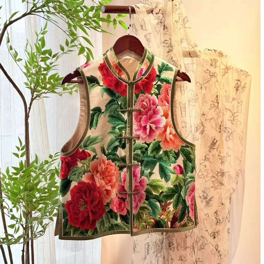 苏绣前后满绣牡丹马甲新中式手工手绣