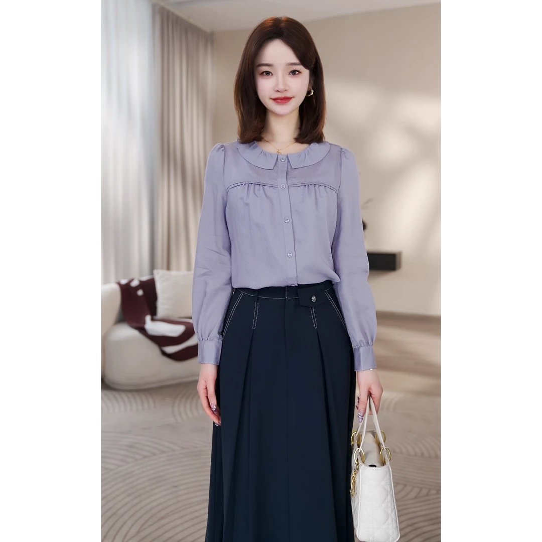【曼贝】2025春季新款气质灰紫色衬衫衬衣女时尚百搭8393156佳莹秋