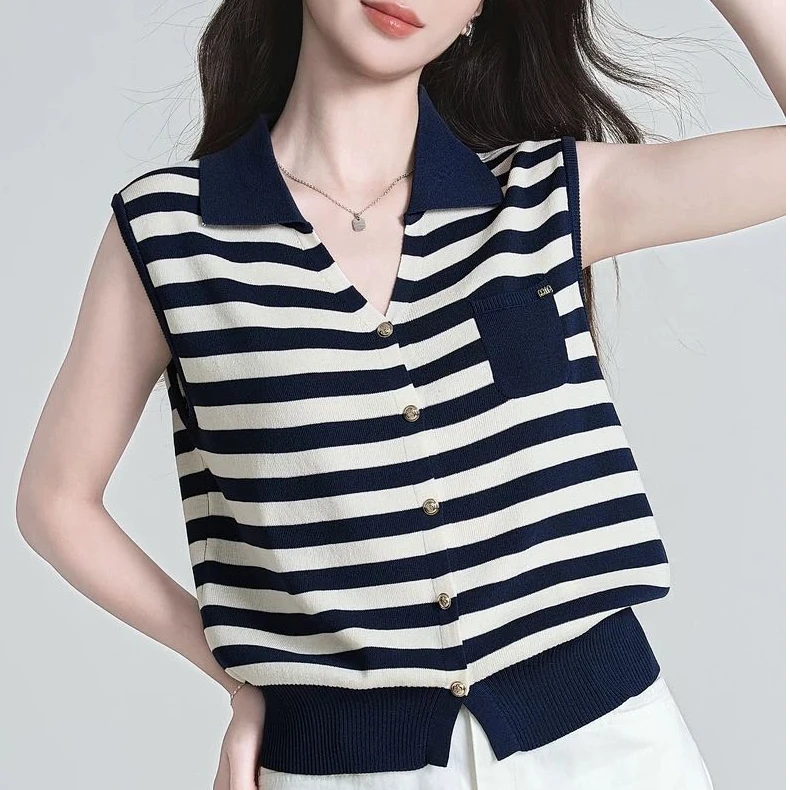 夏季新款小香风条纹V领开叉无袖撞色条纹精致显瘦上衣A48