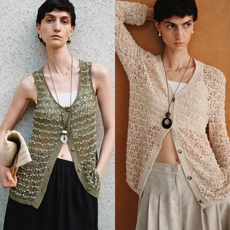 “鼓浪屿”围巾领休闲法式提花小香风镂空针织两件套