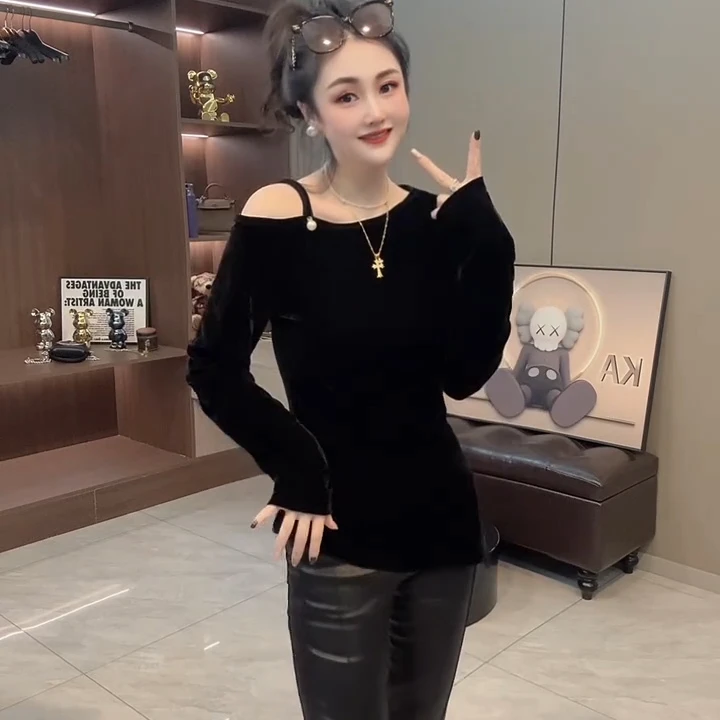 新款斜肩开叉小衫打底衫修身显瘦时尚百搭新款式黑色女装时髦百搭