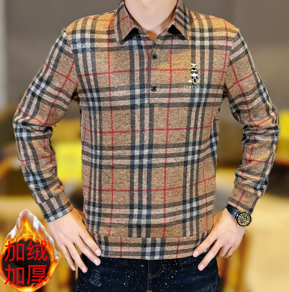 2025秋冬新款男士时尚弹力百搭休闲经典格子图案加绒加厚针织衫