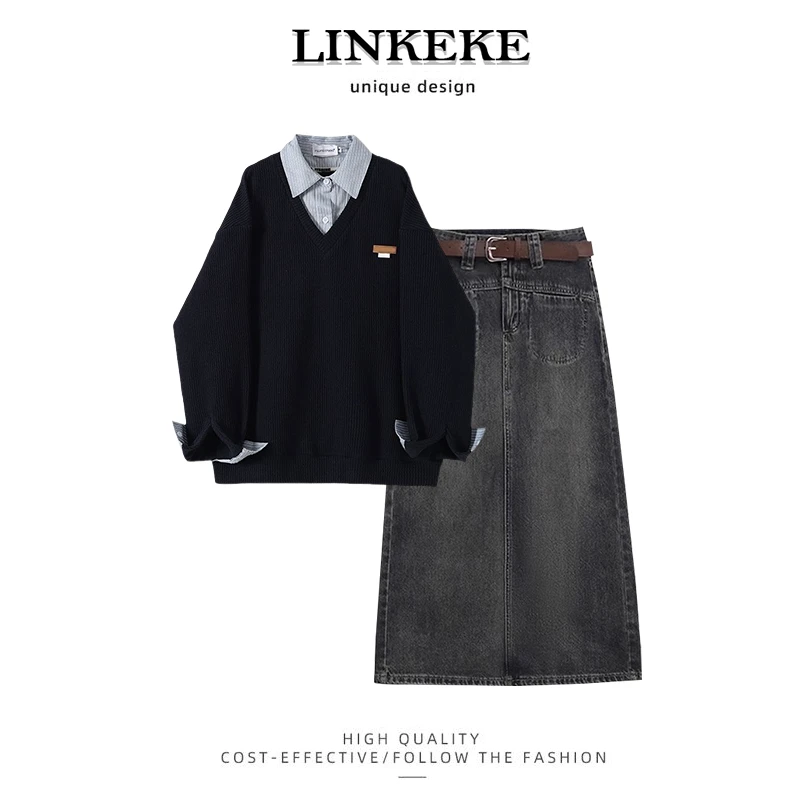 秋冬季套装女2025设计感拼接假两件上衣搭复古风牛仔半身裙件套