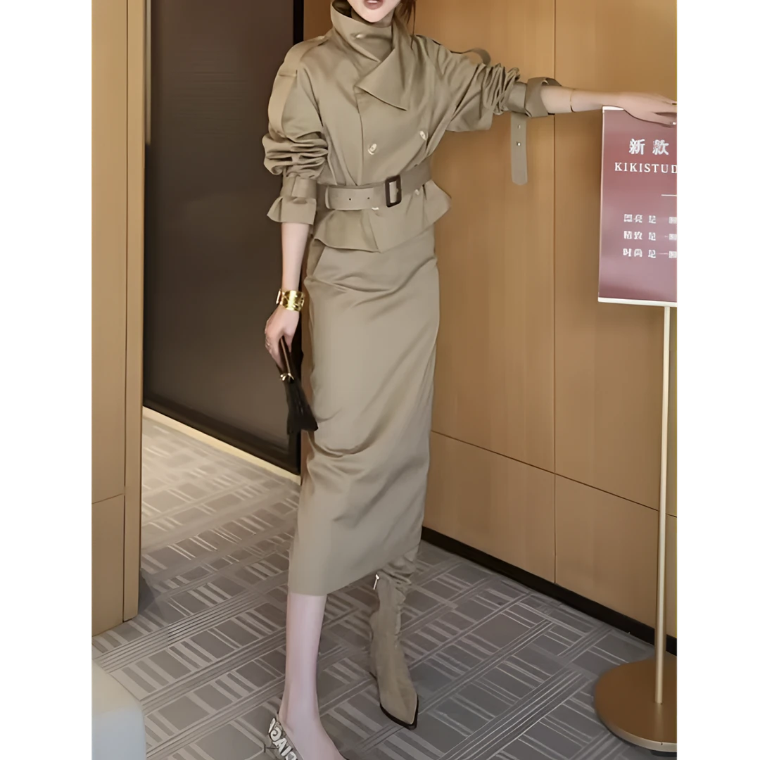 2024早秋新款优雅女神范双排扣风衣外套半身长裙两件套女士