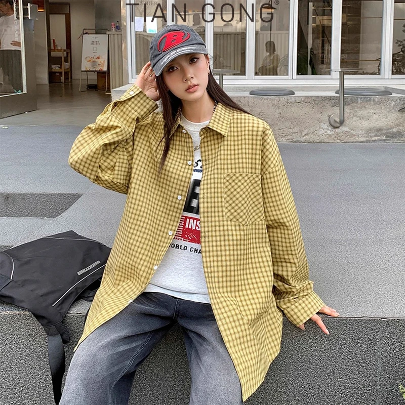TIAN GONG 美式格子衬衫外套男女春秋季宽松休闲衬衣上衣情侣潮