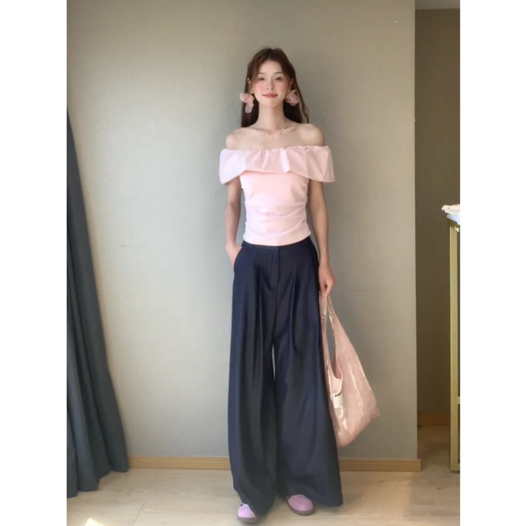 MARIE.COCO氛围感荷叶边一字肩修身褶皱上衣搭配直筒休闲长裤套装