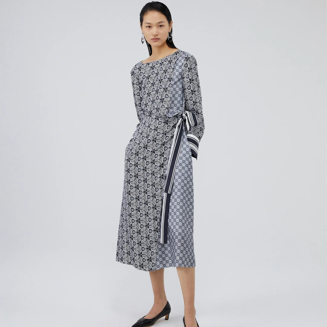 显瘦印花短袖优雅拼接长款复古几何压褶雪纺连衣裙A1BW30196