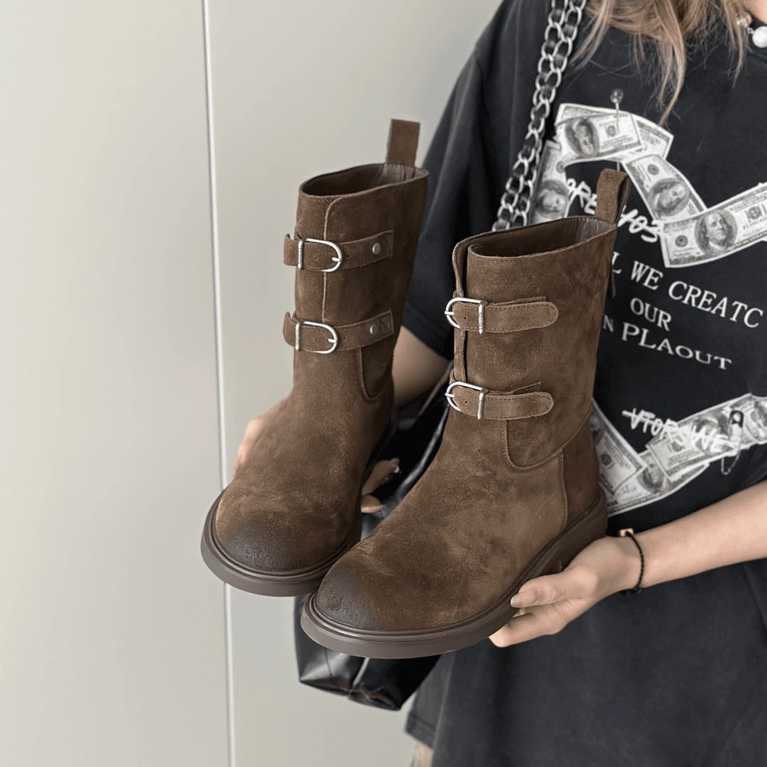 明星同款巴恩风时装靴子女复古做旧风皮带扣中筒马丁靴套筒小短靴