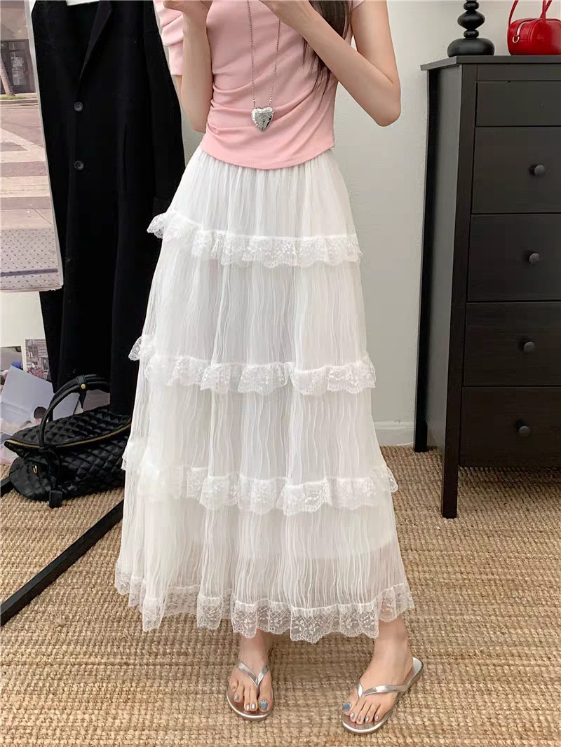 高腰蕾丝花边A字蛋糕裙女2025春夏新款法式大摆显瘦气质款半身裙