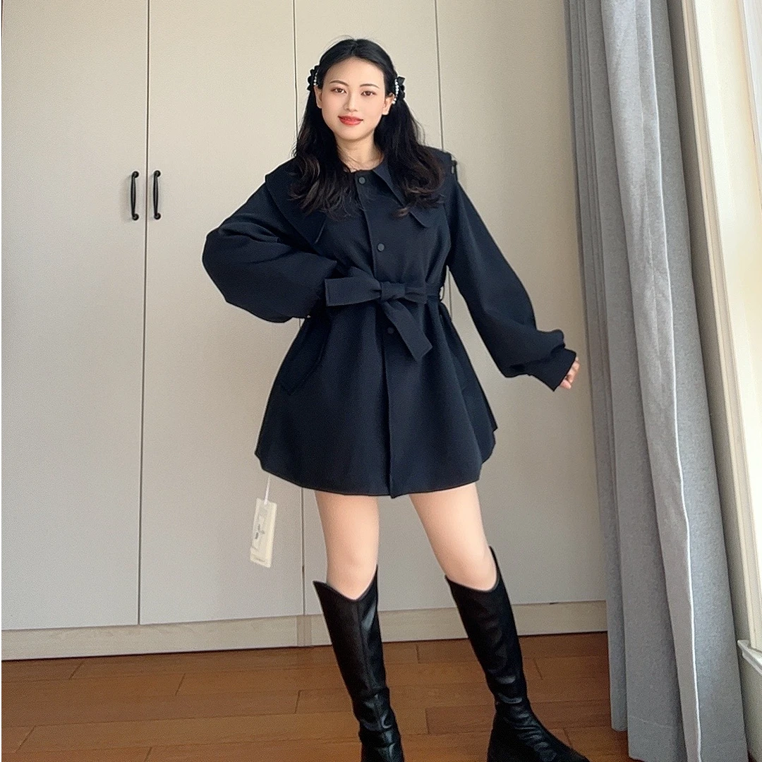 BLUE蓝色星球女装春季氛围感显瘦娃娃领灯笼袖风衣外套女大衣新款