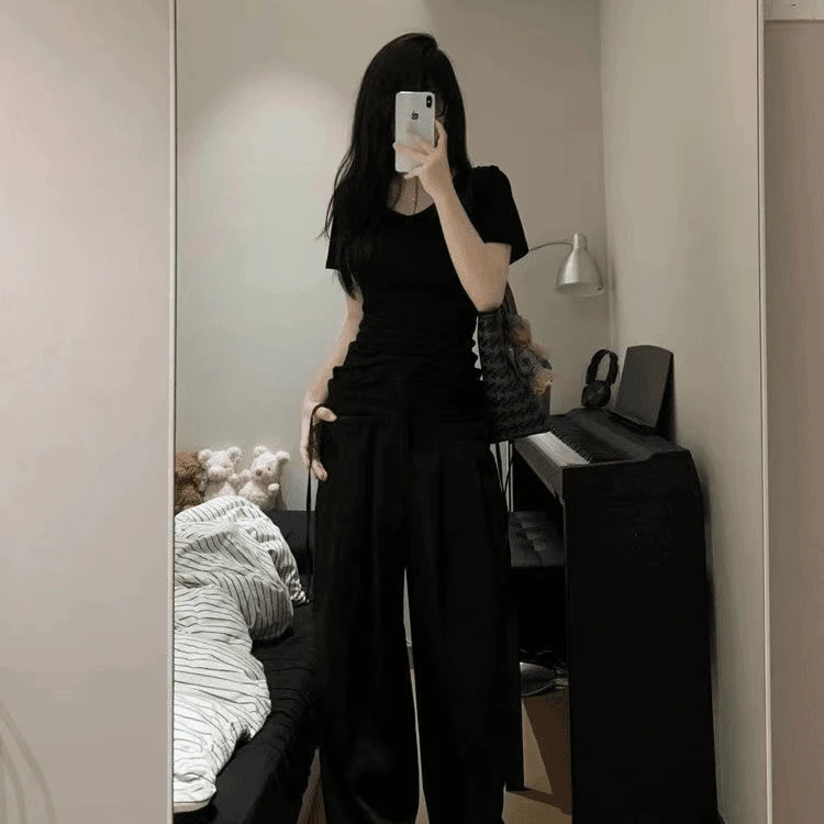 辣妹黑色短袖T恤女夏季V领修身收腰显瘦高级感紧身百搭上衣#T0576