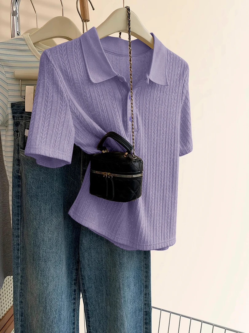 紫色冰丝针织短袖t恤女装夏季夏2025新款爆款polo衫正肩半袖上衣