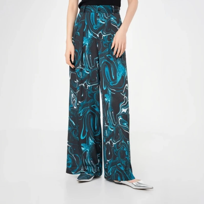 AMASS/阿玛施轻职场春夏印花压褶高腰阔腿宽松休闲长裤女5100461