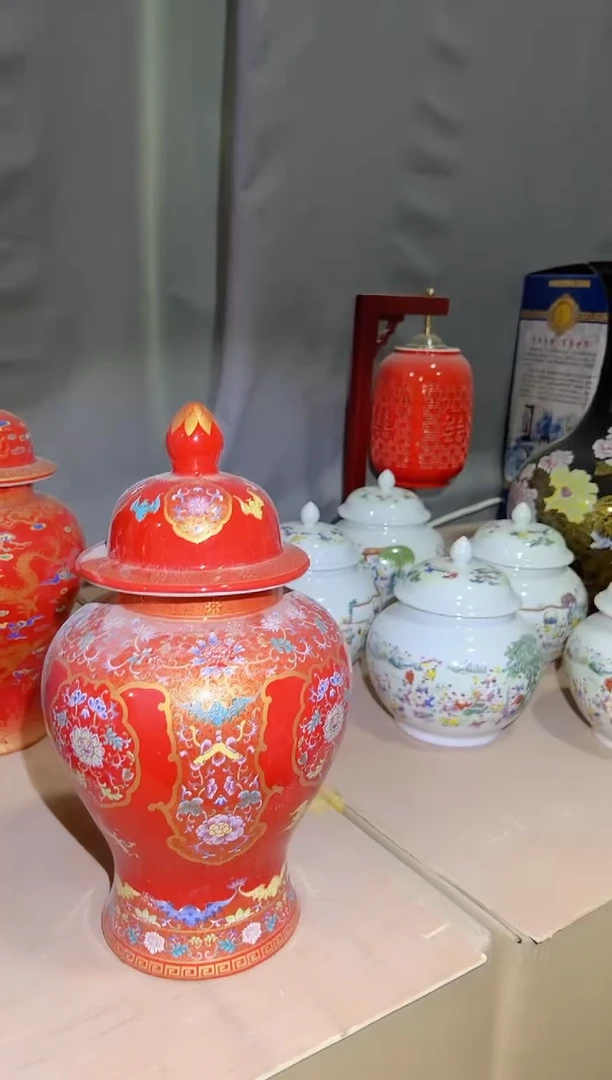 瓷片景德镇珐琅彩中国红将军罐